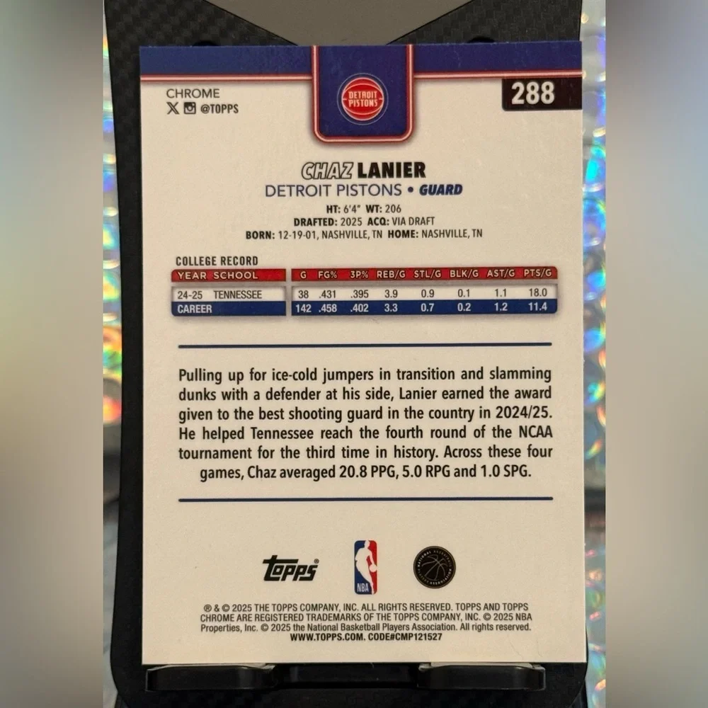 2025-26 Topps Chrome Chaz Lanier X-Fractor RC #288 Detroit Pistons - Picture 3 of 3